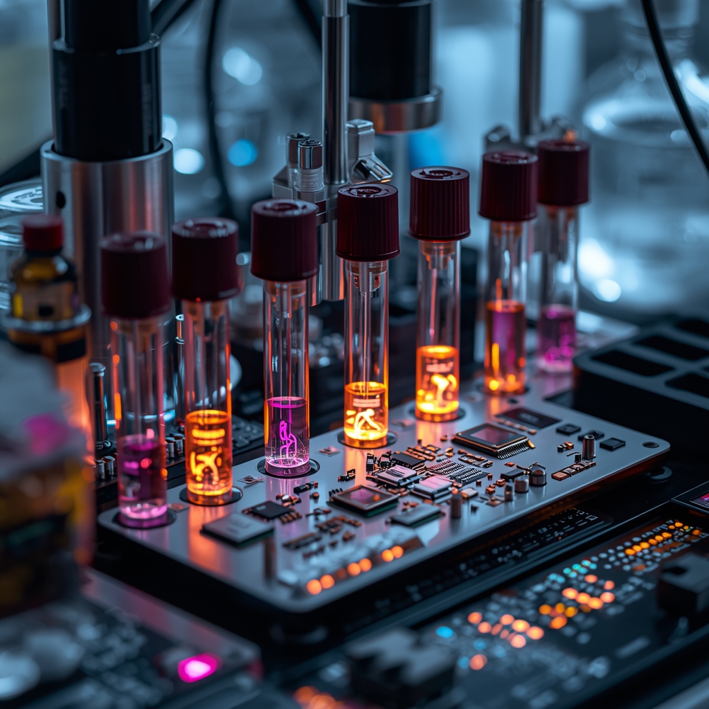 Close-up of advanced laboratory equipment with glowing test tubes, microchips and precision instruments on a clean workspace, no people